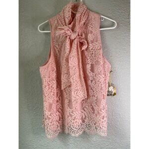 New Ryegrass Lace Blouse Sleeveless Bow Neck Top Party Elegant Pink XL
